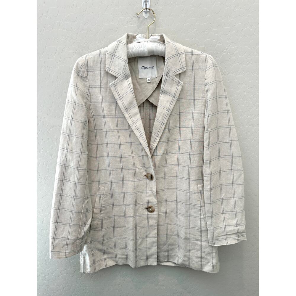 MADEWELL Cream Plaid Linen Blend Blazer Windowpane Check Lightweight Jacket | XS
